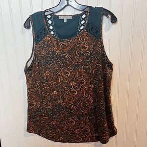 Daniel Rainn Women’s Boho Tank Top Dark Green lace/crochet cutout accents Large
